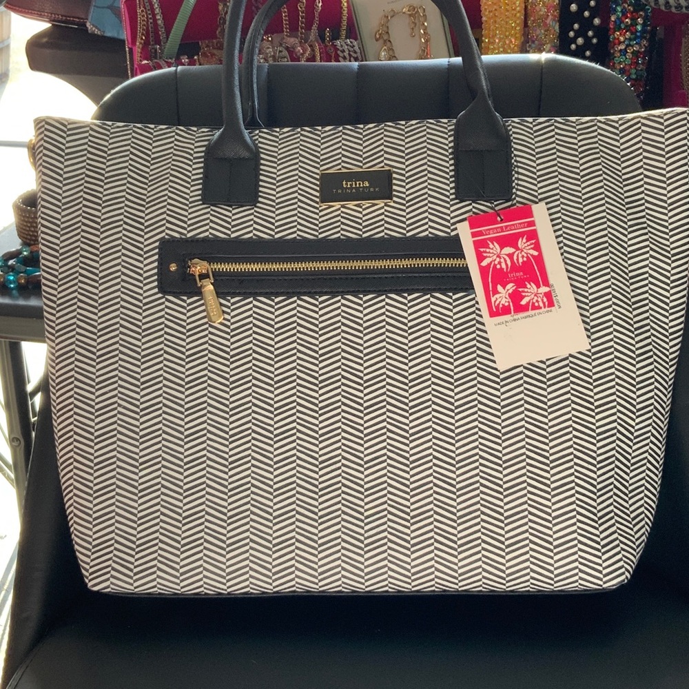 Trina Turk Black & White Chevron Tote with Gold Accents